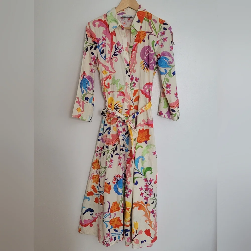 Zara Floral Midi Shirt Dress Long Sleeve Size S Tie Belt Watercolor Flowers - Picture 2 of 14